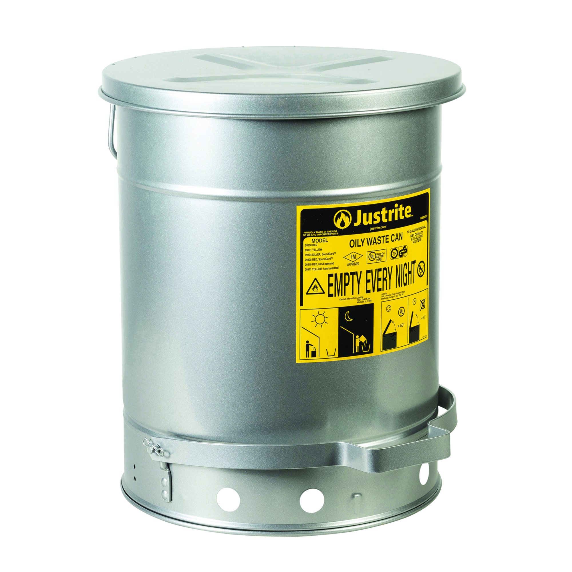 Justrite Oily Waste Can — 10-Gallon, Hands-Free, Self-Closing Cover, SoundGard, Silver, Model# 09304